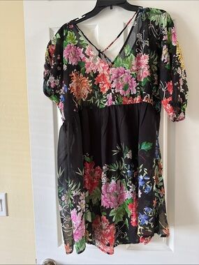 Johnny Was Black Floral Mini Dress with Pink, Green, Blue & Orange Blooms